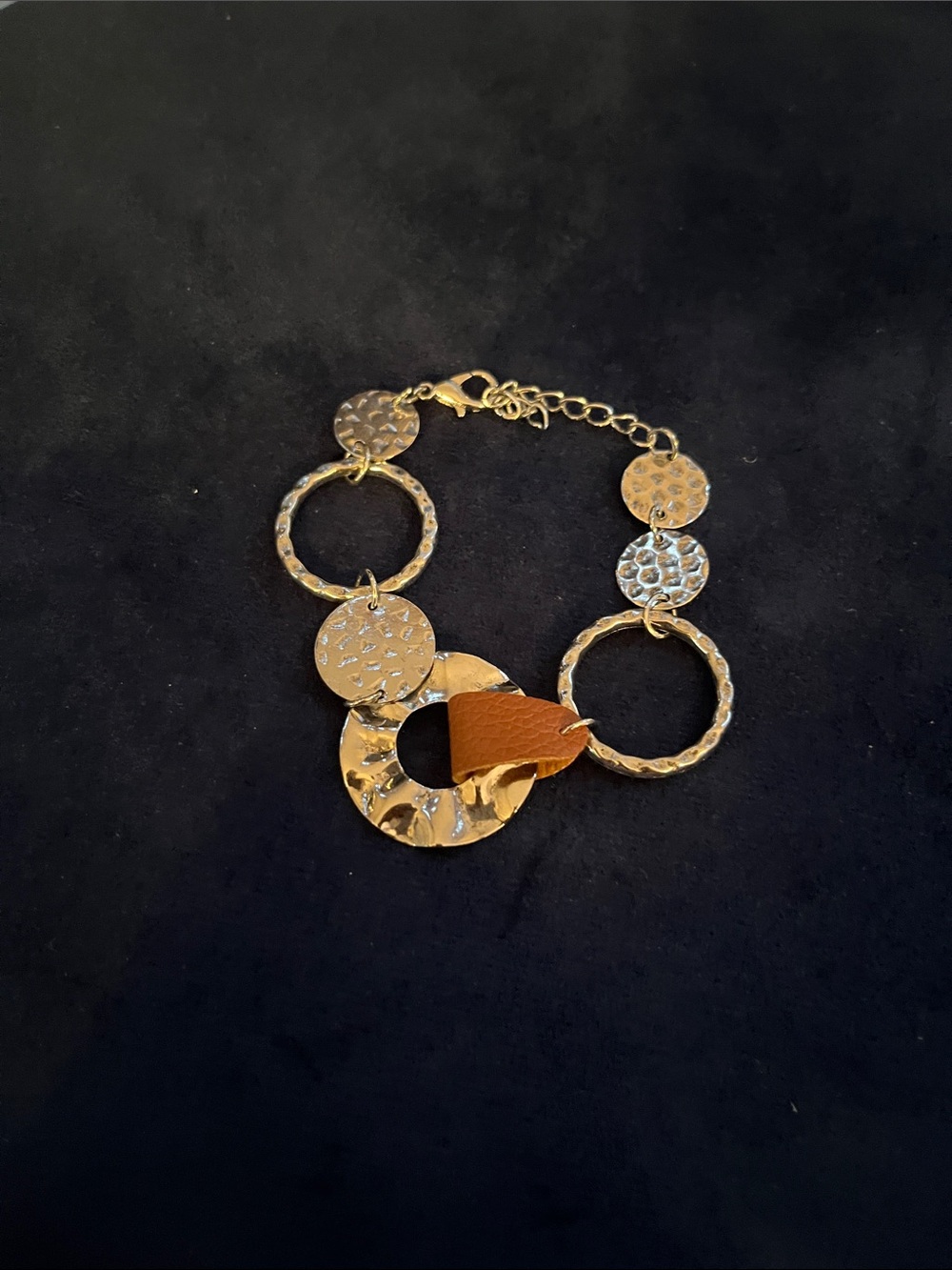 Hammered Gold Tone Circle Link Bracelet with Brown Leather Accent